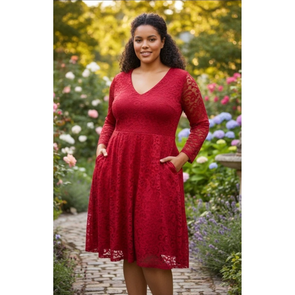 Torrid Women's 1 1X 14/16 Vivid Red Floral Lace Skater Dress Fit N Flare V Neck